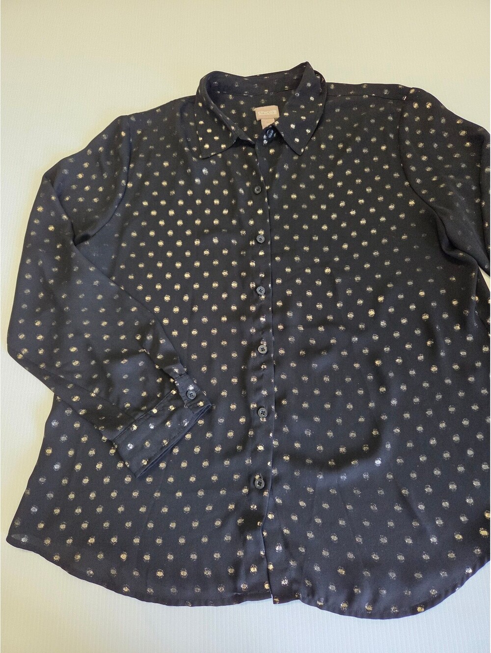 Chico's Women's Black Polka Dot Button-Up Blouse Size 2, 100% Polyester
